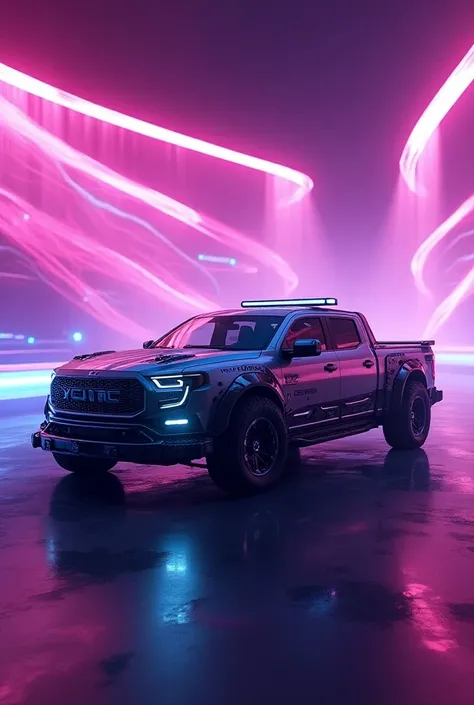 Cyberpunk pickup truck, purple and pink neon background