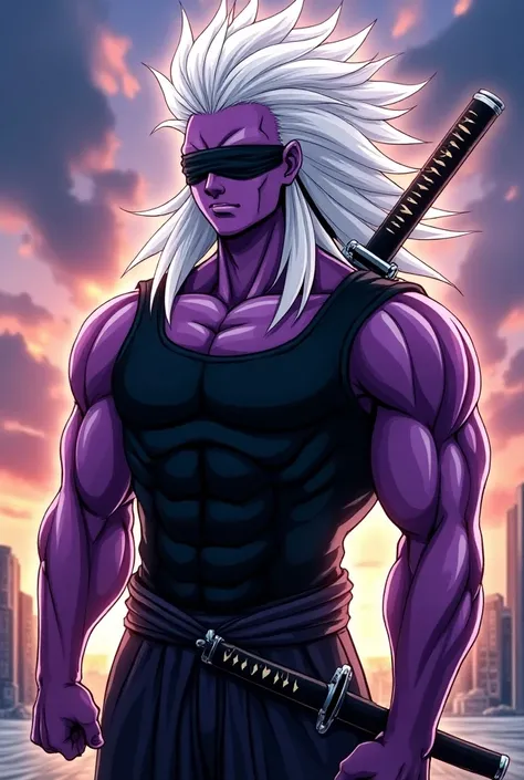 Male Majin with purple skin, wearing a blindfold, wearing a tight black shirt,holds a katana on his waist,haas white long spikey hair,in dragon ball super style.
