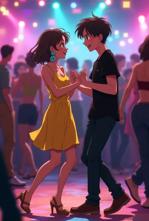 An anime boy and girl full body, girl with short yellow dress, blue floral earings, wedge heel sandals in her feet, brown short hair, smiling at a  boy with casual black tshirt &pant, dancing, in a club, many peoples are dancing near them, the boy and girl...