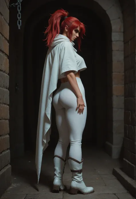 
a human woman of about 23 years of age with face resembling Motoko Kusanagi with long loose red hair in a spiky free mane and green eyes wearing a tight white shirt and a tight white trousers and white boots and white cloak, with a greatsword at her back,...