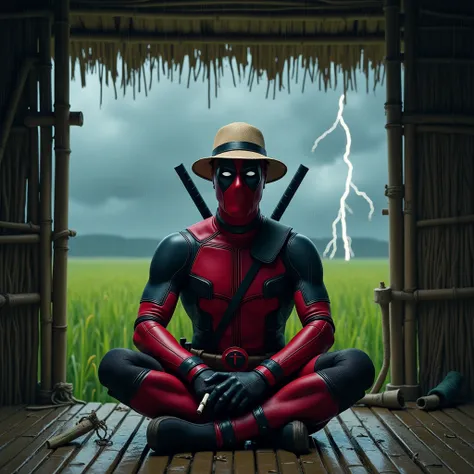 A deadpool wearing a farmers hat, remaining calm, smoking a hand-rolled cigarette, sitting cross-legged in his bamboo hut, deep in thought, amidst a heavy rainstorm, in the middle of a rice field, with lightning striking and thunder roaring.