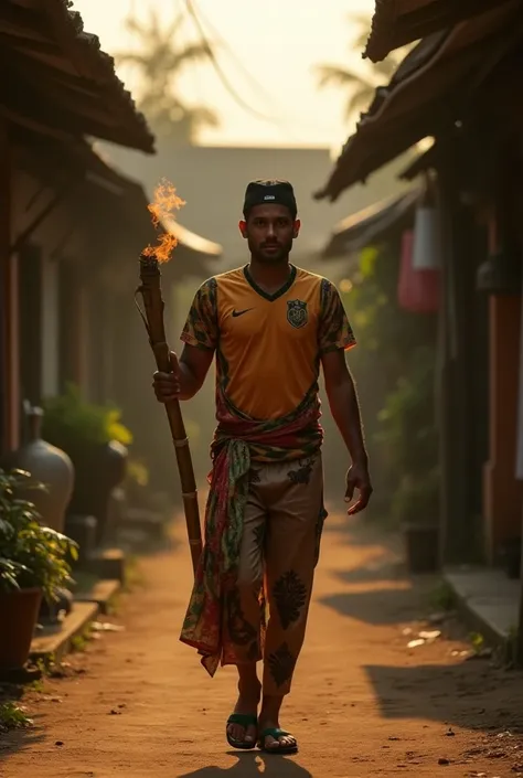 Ronaldinho, wearing a Brazilian football jersey Ronaldinho,Wearing Long pants light brown pants with black Indonesia batik motifs,(Wearing a black kufiah), wearing flip-flops,Walking, dirt road background in a typical Indonesian small alley,(Carrying a bam...