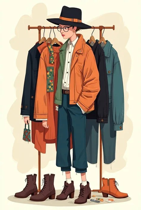 Generate a stylized illustration of a wardrobe with the following items: dress, socks, t-shirt, trousers, shorts, shoes, coat, hat, cardigan, and tracksuit.