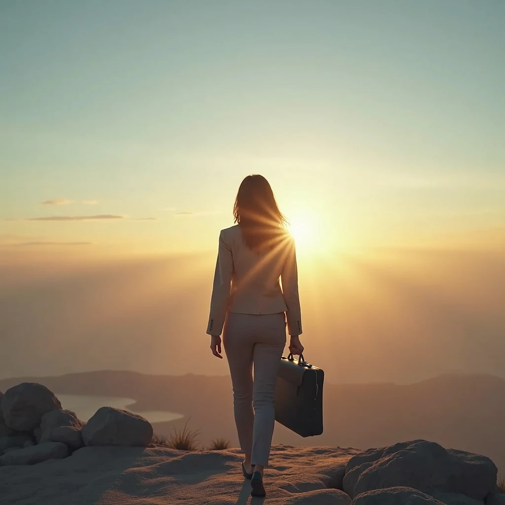 Alta qualidade, 8K Ultra HD, A realistic image of a businesswoman looking at the horizon with determination, holding her briefcase, suggesting the conscious choice to explore new opportunities with courage