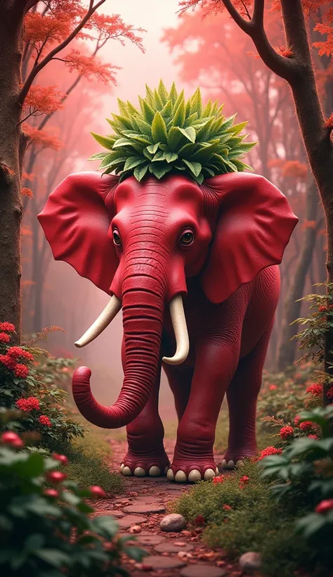 Image a red trees jungle a elephant and watermelon hybrid body 