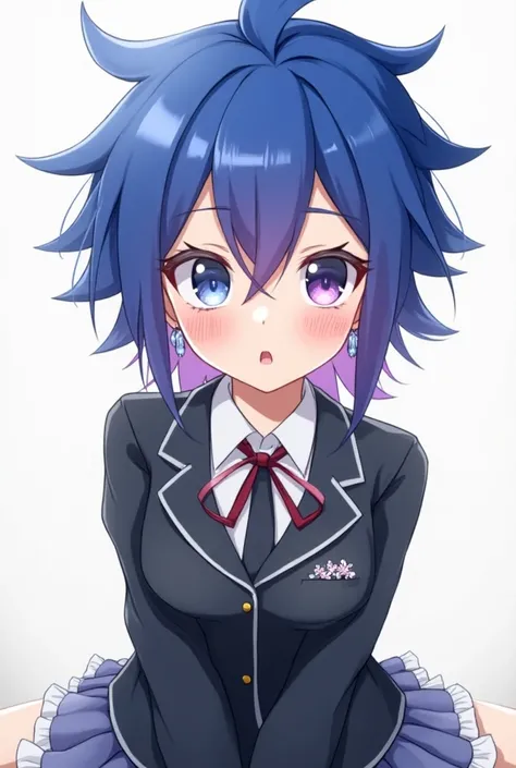 1girl, very short hair, spiked hair, short hair, glossy lips, eyelashes, thin eyebrows, open eyes, narrow eyes, two-tone hair, blue hair, purple hair tips, earrings, shiny earrings, blue eyes, blush, embarrassed face, red mascara, blazer uniform, ribbon, r...