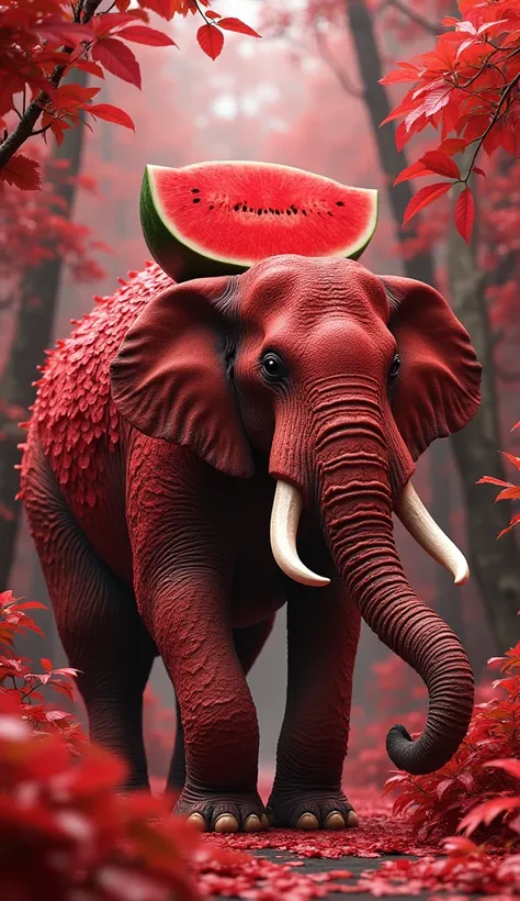 Image a red trees jungle a elephant and watermelon  body hybrid 