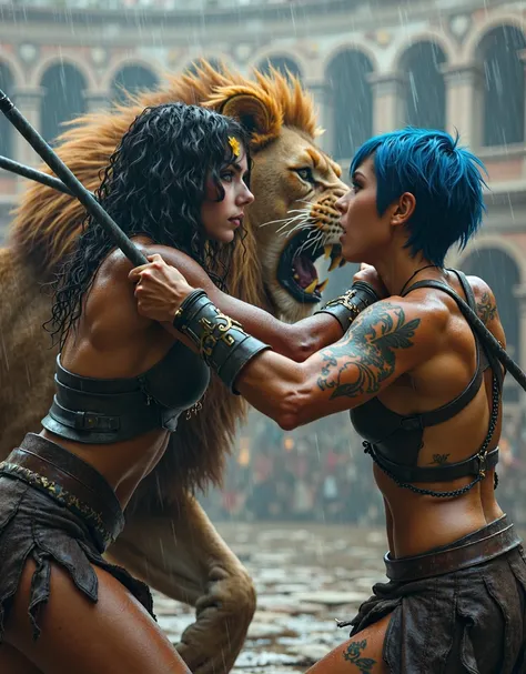 ultra realistic professional full body camera   ((( two wounded but defiant women engaged in a life-or-death struggle within a rain-soaked Roman coliseum. In the center, a gladiatrix with short, vibrant blue hair fights with grim determination against a ma...