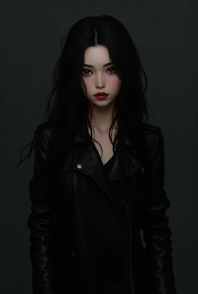 tall and thin girl,  long black hair ,  black eyes , small red lips, wearing a black leather jacket smiling 
