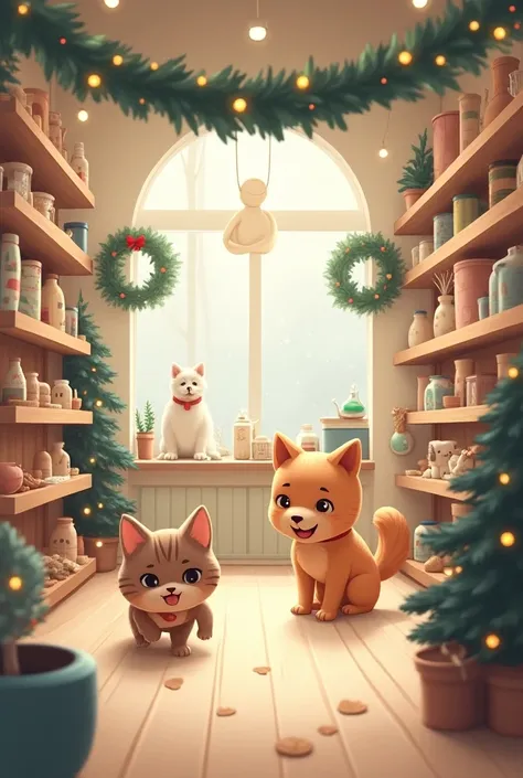 Create an image for me at Christmas time with warm nude colors where there are a cat and a dog in a pet accessories store called SACHIEL PETS that is a simple environment 