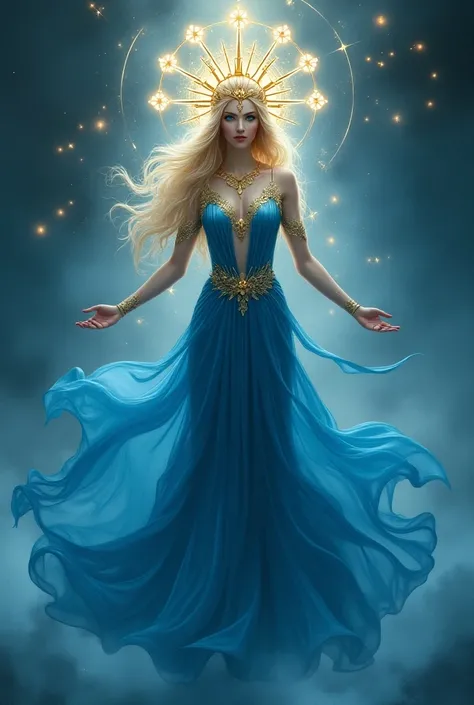 Draw the goddess of waters. with eight sided golden crown, blue dress. stars around her.