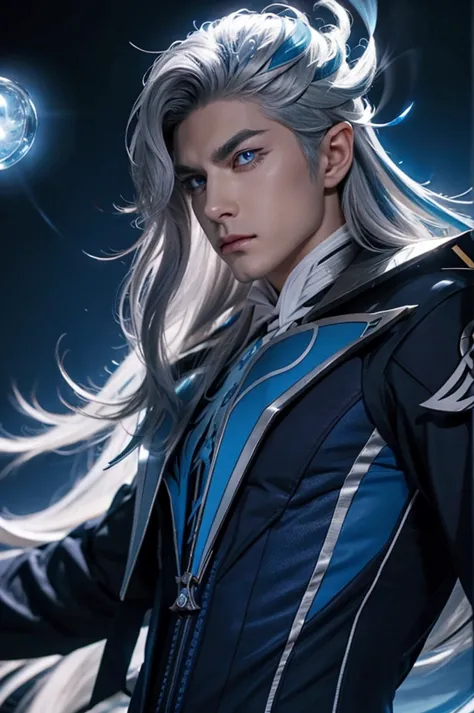 1 man neuvilette, long hair, silver hair, blue streak, blue glowing eyes, fist glowing