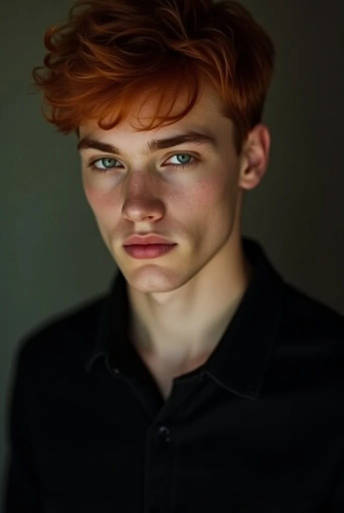 arafed man with red hair and black shirt looking at camera, portrait of beautiful young man, male model, young handsome pale roma, sharp looking portrait, portrait close up of guy, cinematic headshot portrait, tight face shot portrait, portrait soft low li...