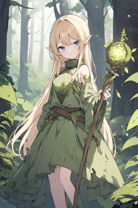 an elf woman, blonde hair, blue eyes, dressed in plant and moss clothing, a simple staff, forest setting, exuding great magic