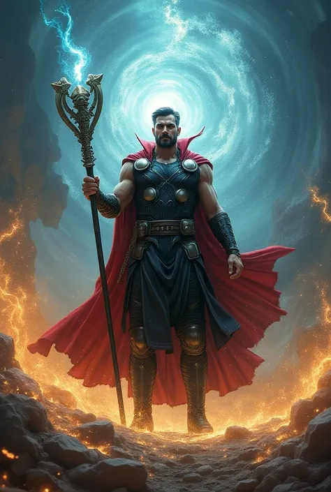 Create a character who is a hybrid of Doctor Strange and Thor, combining the mystical mastery of Doctor Strange with the godlike strength, combat prowess, and elemental control of Thor. This character wields the combined forces of magic, reality manipulati...