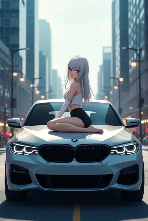 A girl with silver hair sits on the hood of a BMW m5 f90 in front of the city