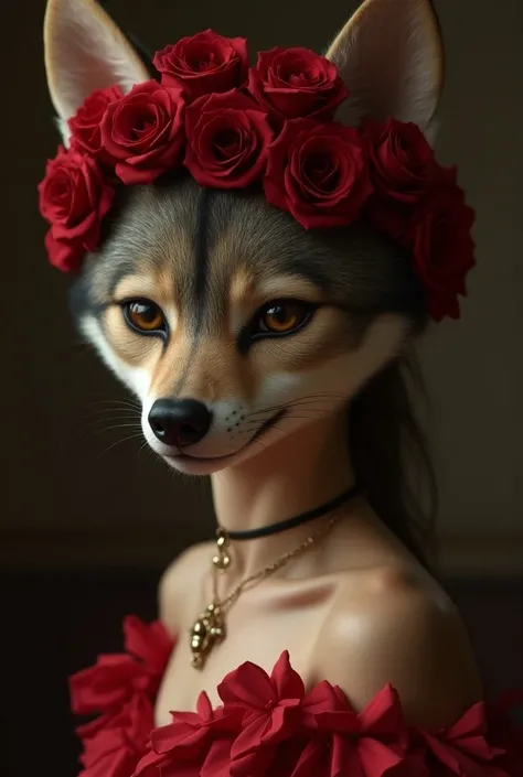 Créer une image hyper réaliste et ultra détaillée une tete de Loup mi animal mi femme  sexy avec une grosse poitrine dans un environnement glamour qui porte une couronne de rose rouge