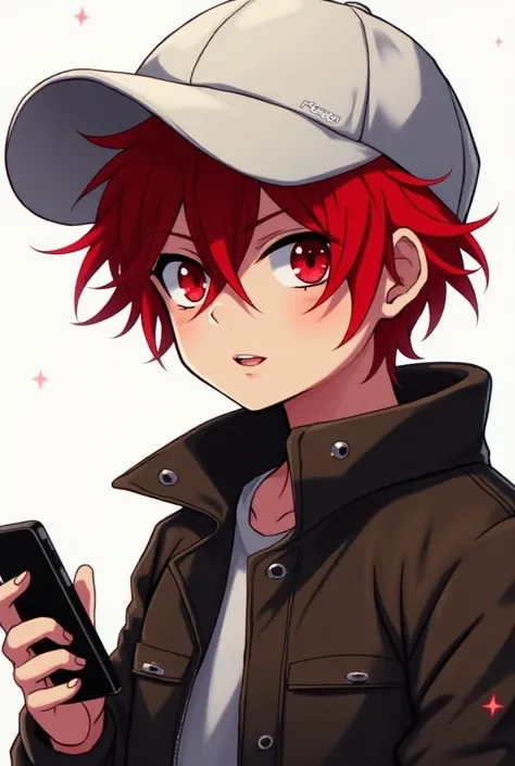 anime boy, red hair, red eyes, white cap, jacket, phone