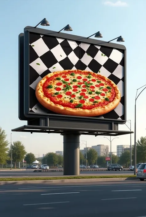 Create a billboard of pizza company named halal pizza with checker background in black and white