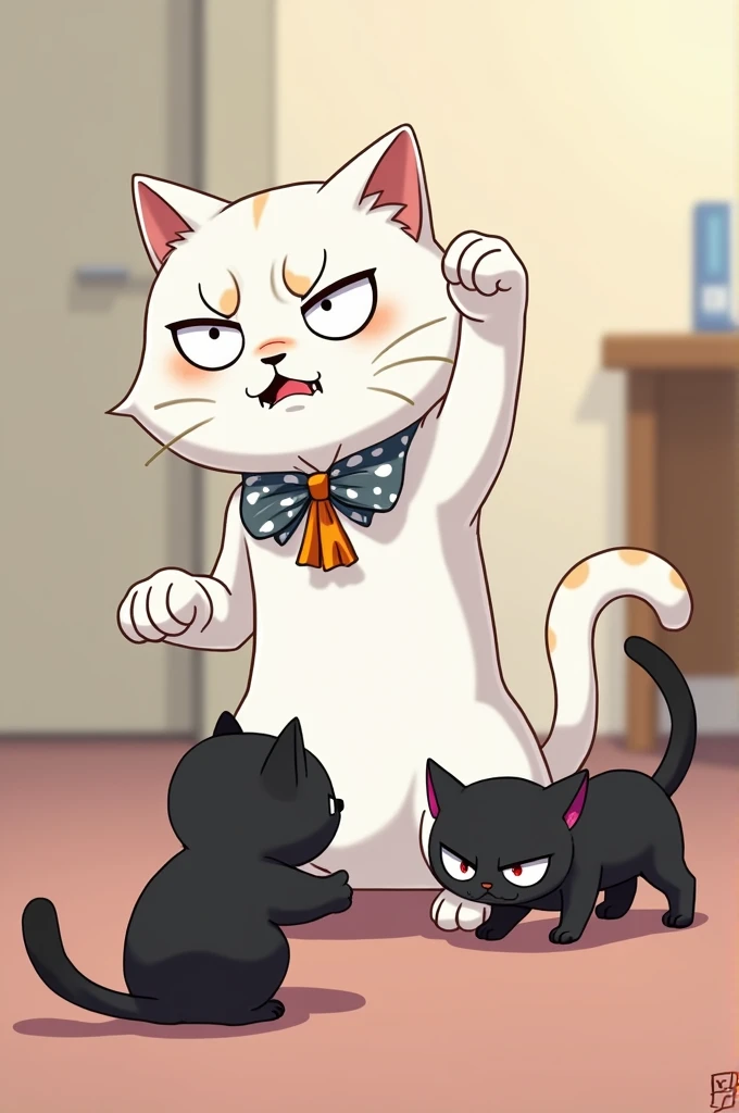 A white cat with a ribbon with an angry face slapping a black cat with a guilty face, anime art style