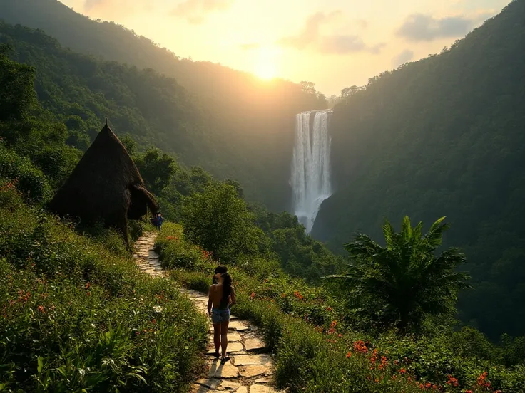 A photorealistic scene of a lush mountainous landscape at sunrise, featuring a stone path with a woman walking towards a small rustic hut near a cliff. Behind the hut, a tall, cascading waterfall flows down the cliff, surrounded by dense greenery, wildflow...