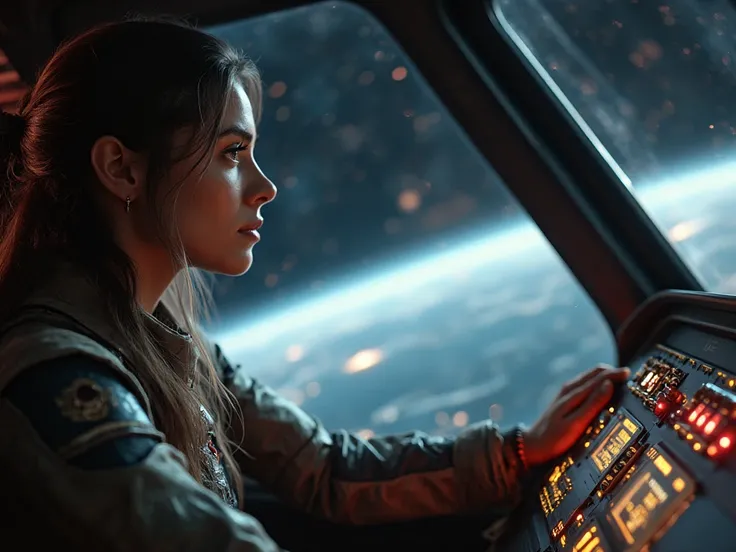 Cinematic shot of Captain Aria Lewis piloting Odyssey II through the vast, calm expanse of space, with distant stars visible from the cockpit window. Captain Aria Lewis, a woman in her mid-30s with high cheekbones and a strong, oval face, long dark brown h...