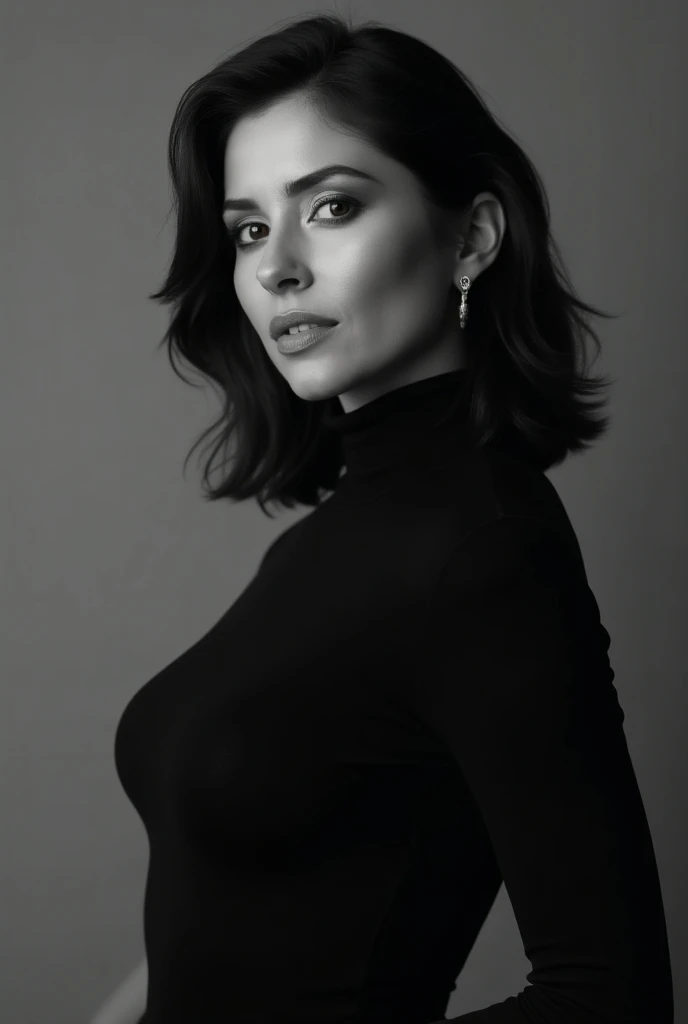 Analog style, modelshooting style , A stunning 45 year old woman ,  medium length dark brown hair ,  complex black and white portrait of (see Frau:1),  wearing a black turtleneck sweater, Epic character composition, von ilya kuvshinov, alessio albi, Nina M...