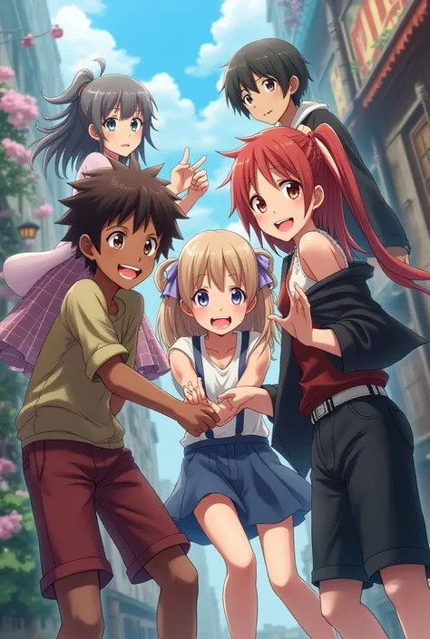 2 dark boys and 3 white girls animi