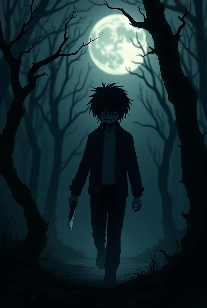 Anime jeff the killer dans une forêt tard le soir avec un couteau 