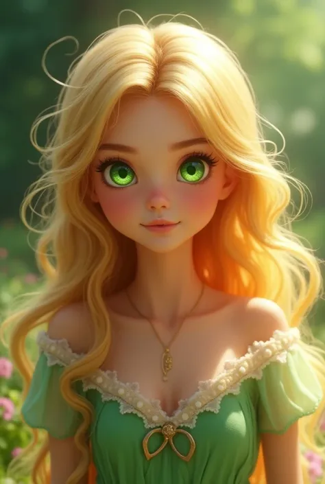 You make me a beautiful girl with green eyes that shine like emeralds and a blonde hair that fell in soft waves. in animated