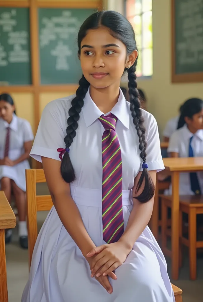 a beautiful cute young teen girl, sri lanka , big breasts size , detailed white frock uniform, color tie , sitting on the school...