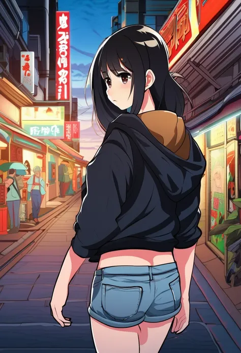 Highest quality, High Resolution, 1 girl, Turn your back to the viewer, ass, ass focus, Full body view, big ass, huge ass, gigantic ass, hand on own ass,  black hair, 1 girl, mullet hairstyle,  black hoodie,  white shirt , denim pants,  tall, Big Breasts, ...