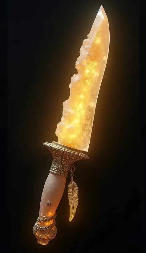 a knife carved from a single piece of glowing crystal, radiating a soft golden light, handle wrapped in fine silken threads, small feather charm dangling, incredibly detailed, hyperrealistic, 8k, intricate, high quality, glowing, luminous, ethereal, fantas...