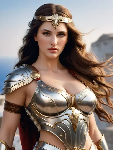 Athena, Goddess of war, Greek warrior armor, Very longer haired, beautiful face,beautiful eyes, sexy, beautiful massive body, has a big Breasts,