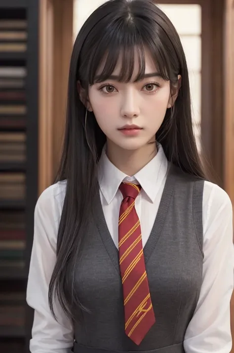  Gryffindors raw gray hair with her bangs down 、 half European and Asian with a thin, thin, and thin face 、Roll up your sleeves with a white shirt 、 wear a red Gryffindor tie loosely 、 normal black slacks and a beautiful style, but anyway, generate a hands...