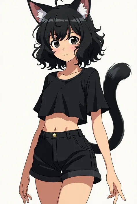  Panel anime Boku no Héro Academia tall 20-year-old girl with black wavy hair, big black eyes like those of a cat ,  big lips,  small nose ,  hybrid cat with fluffy cat tail and cat ears , light tan skin,  full body ,  wearing a short black shirt and wide ...