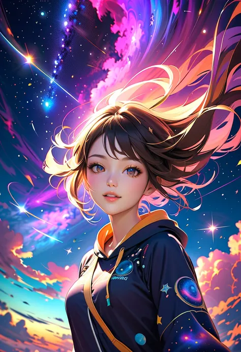  high detail, Super detailed,  super high definition, Girl having fun in a dream galaxy, Surrounded by stars,   warm light shining on her  , Background、 Starry sky with colorful galaxies and galactic clouds, The stars fly around her, delicate face, Add som...