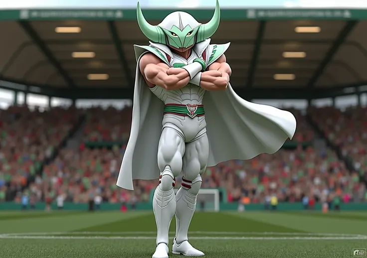 A muscular man dressed as the Guerreirinho of Fluminense stands in a battle-ready stance, embodying the fierce spirit of the team. His armor is a combination of green, maroon, and white, reflecting the team’s iconic colors. The Guerreirinho’s distinctive h...