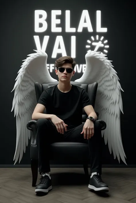 
Create a 3D illusion for a picture where a boy 25 years in a black shirt sits casually on a Wingback Chair. Wearing sneakers,, and sunglasses, he looks ahead. The background features "Belal Vai Official 1" in big and capital white fonts on the black wall....