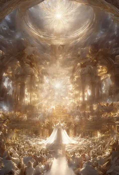 detailed angelic congregation,incredibly detailed angels,massive angelic gathering,ornate heavenly hall,celestial amphitheater,pristine white paradise,intricate archangel figures,breathtaking divine scene,(best quality,8k,highres,masterpiece:1.2),ultra-det...