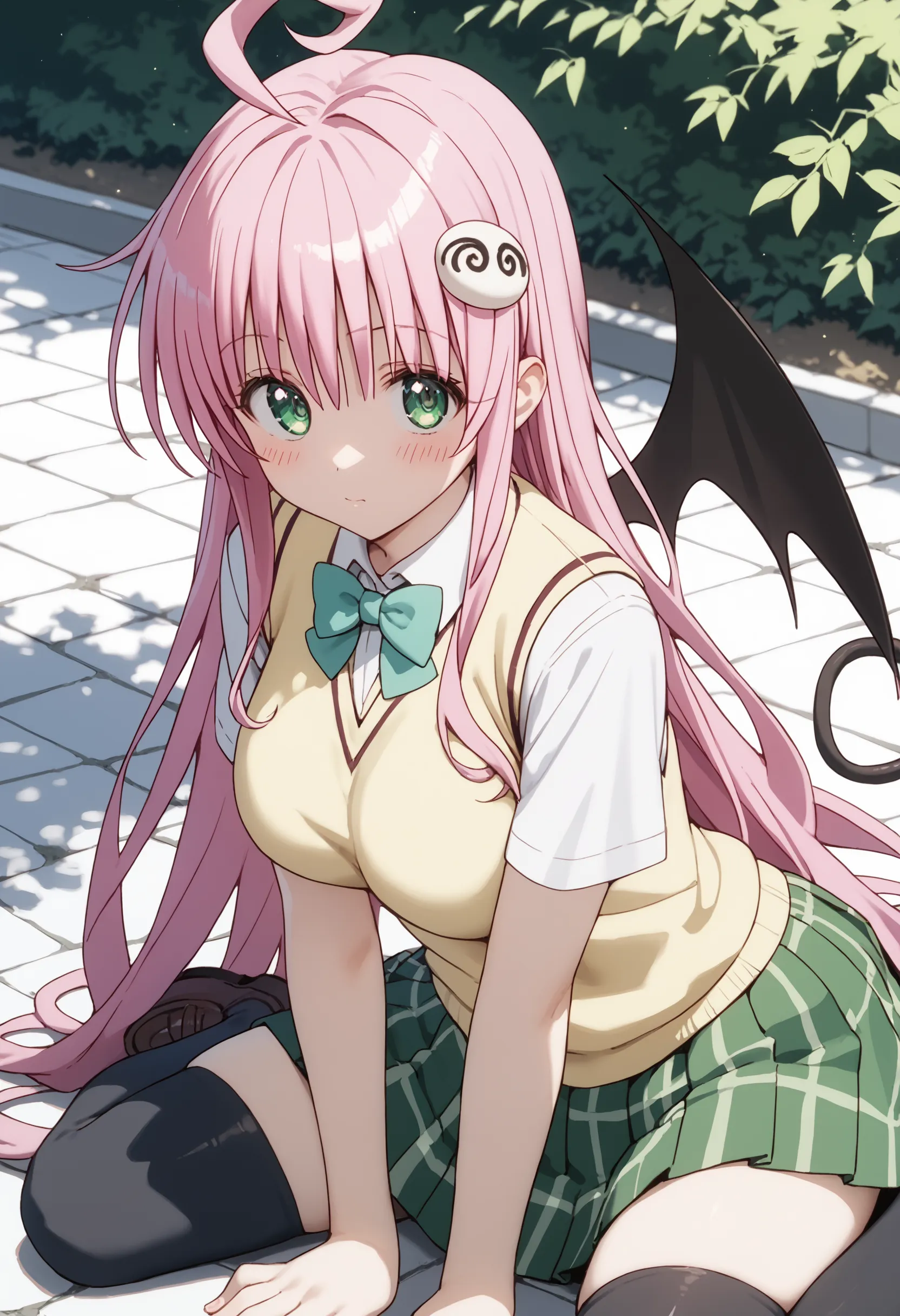 score_9,score_8_up,score_7_up,source_anime,solo,outdoors,looking at viewer,blush,lala satalin deviluke,ahoge,very long hair,pink...