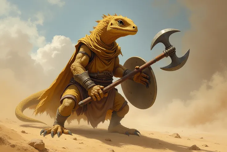 Anthropomorphic humanoid sand lizard, ax，Shield，sandstorm background， Fantasy, Wizards of the Coast LLC