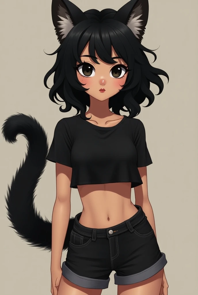 Panel arcane League of Legends ,  hybrid animation tall 20-year-old girl with black and wavy hair, big black eyes like those of a cat ,  big lips,  small nose ,  hybrid cat with fluffy cat tail and cat ears , light tan skin,  full body ,  wearing a short b...