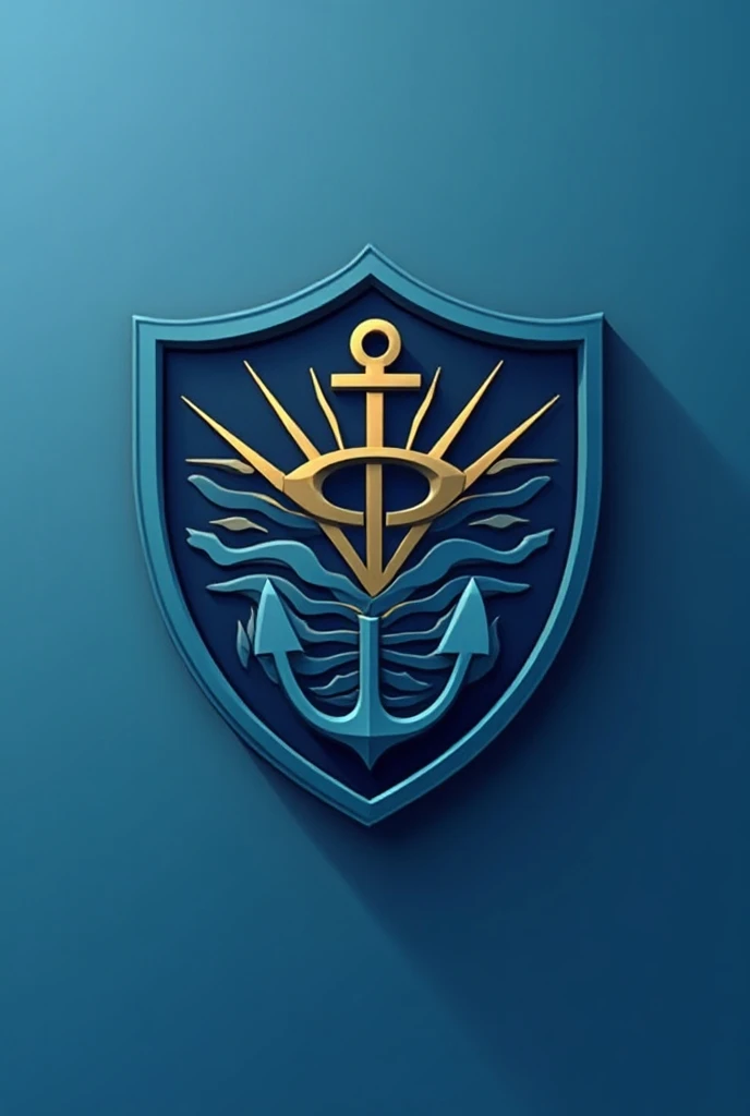 Minimalist abstract design shield for a naval intelligence agency containing the outline of an eye with an anchor, A trident, rays and waves . use shades of blue and another contrasting color