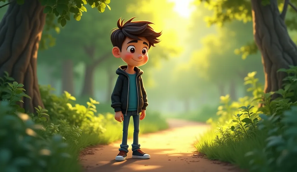 {
  "prompt": "Mark, an animated young man with dark brown hair styled upwards, expressive eyes, a friendly smile, and a casual look with a black jacket, blue shirt, and jeans, standing on a quiet forest path. He is looking around with calm curiosity, embracing the beauty of the natural world. The animation is vibrant and detailed, capturing a serene and slightly magical feel, with bright greens and warm sunlight filtering through the trees. Mark appears grounded, accepting life as it is, without a need for grand purpose.",
  "size": "1024x1024"
}