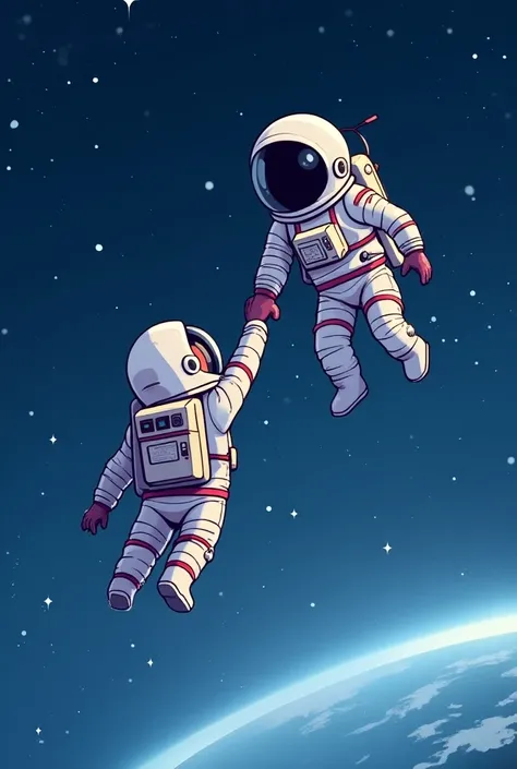 cartoon image 1 asexual astronaut slips into space and has another astronaut reach out to grab the other to save the other