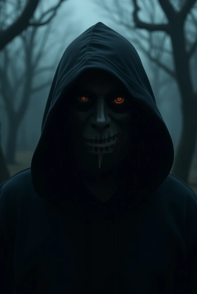 " Create a dark and mystical profile image for a channel about Brazilian urban legends.  Show a hooded figure or shadow in the twilight , HEAD ON,  with dark details on the partially covered face ,  glowing eyes that convey mystery and fascination .  The b...