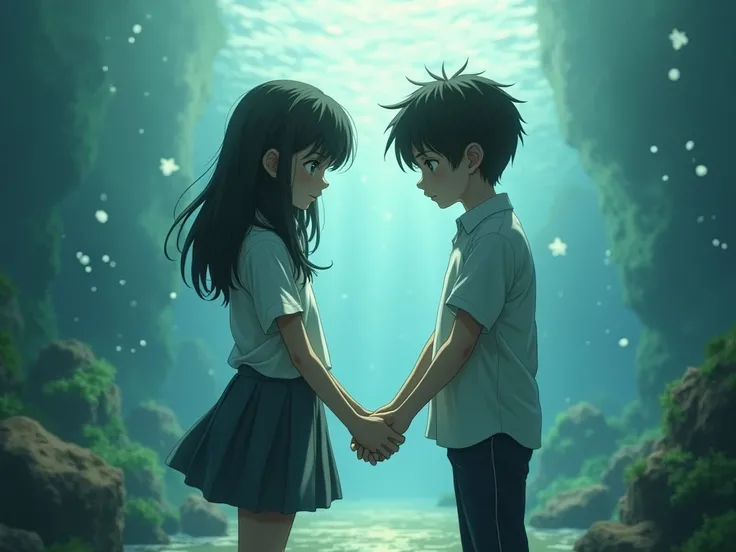 a sad girl and a boy at school uncomfortable forced to hold hands even if they want to let go of each other in an infinite marine art model