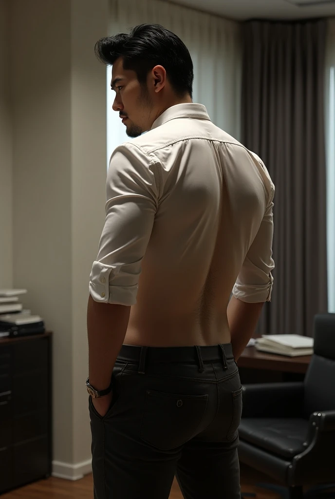 A handsome muscular manly Korean man is in his office, he is wearing full white dress shirts, he is not wearing pants, we can see his thong and hairy ass and leg and thigh, he is standing back and showing camera his hairy ass