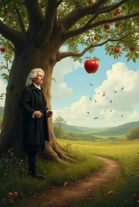 Give me images to make a story about Isaac Newton about the apple theory 